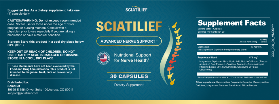 Sciatilief Supplement Facts label: serving size 1 capsule, 30 servings; Magnesium 80 mg (19% DV) as Magnesium Glycinate; proprietary blend 575 mg of Magnesium Glycinate, Alpha Lipoic Acid, Butcher's Broom Root Extract, L-Carnitine, Turmeric Rhizome Extract 95% curcuminoids and Coenzyme Q10 as ubiquinone