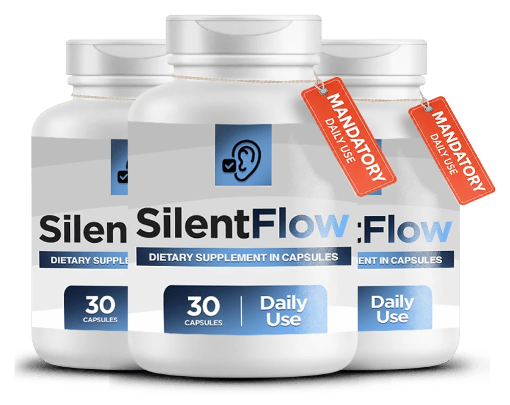 Three bottles of SilentFlow dietary supplement capsules
