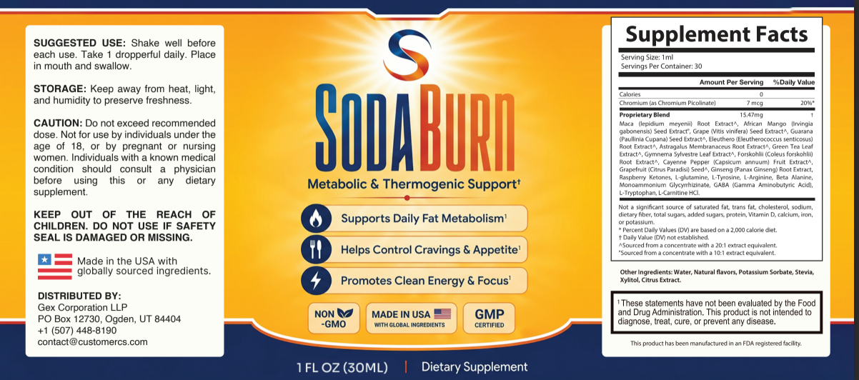 SodaBurn label with Supplement Facts: 1 ml per serving, 30 servings, Chromium 7 mcg, Proprietary Blend 15.47 mg with Maca, African Mango, Grape Seed, Guarana, Eleuthero, Astragalus, Green Tea, Gymnema, Coleus Forskohlii, Cayenne Pepper, Grapefruit, Panax Ginseng, Raspberry Ketones, L-Glutamine, L-Tyrosine, L-Arginine, Beta-Alanine, Monoammonium Glycyrrhizinate, GABA, L-Tryptophan and L-Carnitine