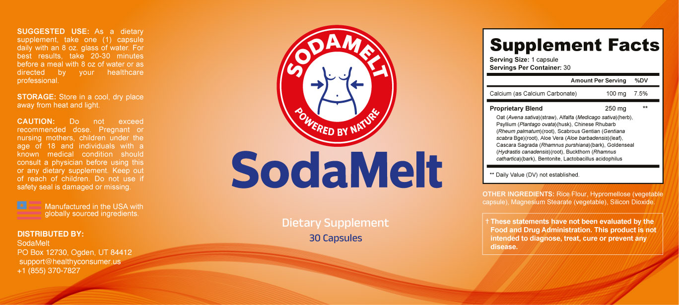 SodaMelt label with Supplement Facts: 1 capsule per serving, 30 servings, Calcium 100 mg and a 250 mg proprietary blend of Oat, Alfalfa, Psyllium, Chinese Rhubarb, Scabrous Gentian, Aloe Vera, Cascara Sagrada, Goldenseal, Buckthorn, Bentonite and Lactobacillus acidophilus