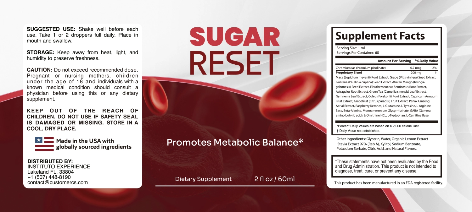 Sugar Reset Supplement Facts label: Chromium, as chromium picolinate, Maca (Lepidium meyenii) Root Extract, Grape (Vitis vinifera) Seed Extract, Guarana (Paullinia cupana) Seed Extract, African Mango (Irvingia gabonensis) Seed Extract, Eleutherococcus Senticosus Root Extract, Astragalus Root Extract, Green Tea (Camellia sinensis) Leaf Extract, Gymnema Leaf Extract, Coleus Forskohlii Root Extract, Capsicum Annuum Fruit Extract, Grapefruit (Citrus paradisi) Fruit Extract, Panax Ginseng Aerial Extract, Raspberry Ketones, L-Glutamine, L-Tyrosine, L-Arginine Base, Beta-Alanine, Monoammonium Glycyrrhizinate, GABA (Gamma amino butyric acid), L-Ornithine HCL, L-Tryptophan, L-Carnitine Base (200 mg proprietary blend)