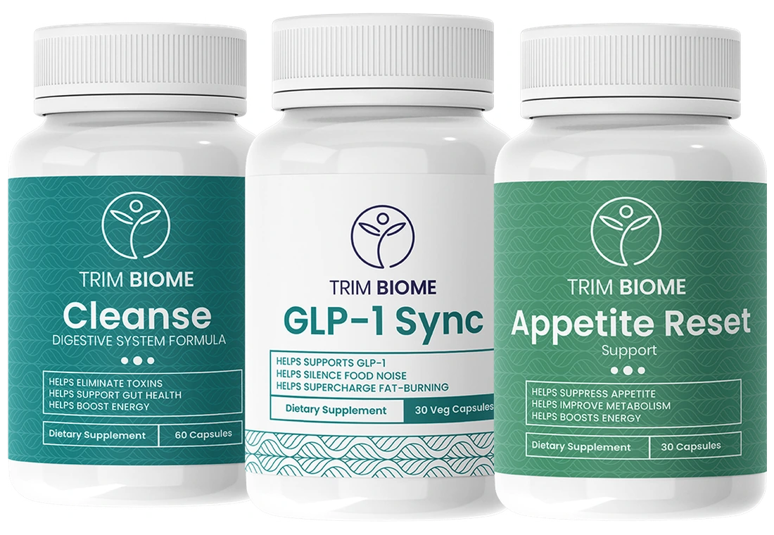 Trim Biome Advanced GLP-1 System: bottles of Cleanse, GLP-1 Sync and Appetite Reset