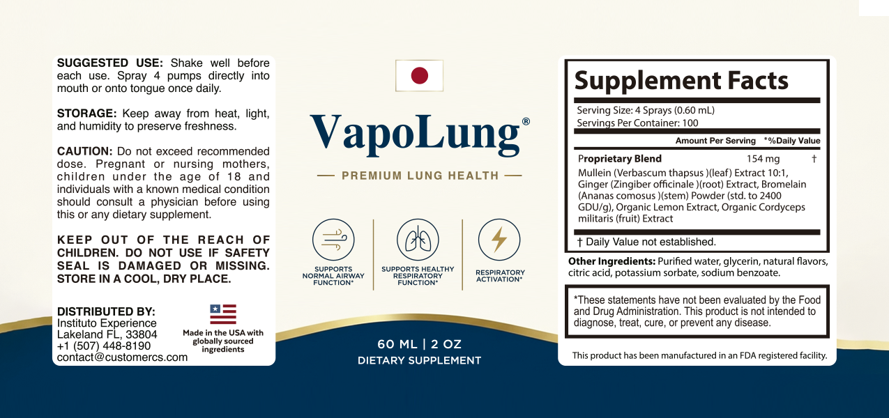 VapoLung Supplement Facts label: serving size 4 sprays (0.60 mL), 100 servings per container, proprietary blend 154 mg with Mullein (Verbascum thapsus) leaf extract 10:1, Ginger (Zingiber officinale) root extract, Bromelain (Ananas comosus) stem powder (std. to 2400 GDU/g), Organic Lemon Extract and Organic Cordyceps militaris fruit extract