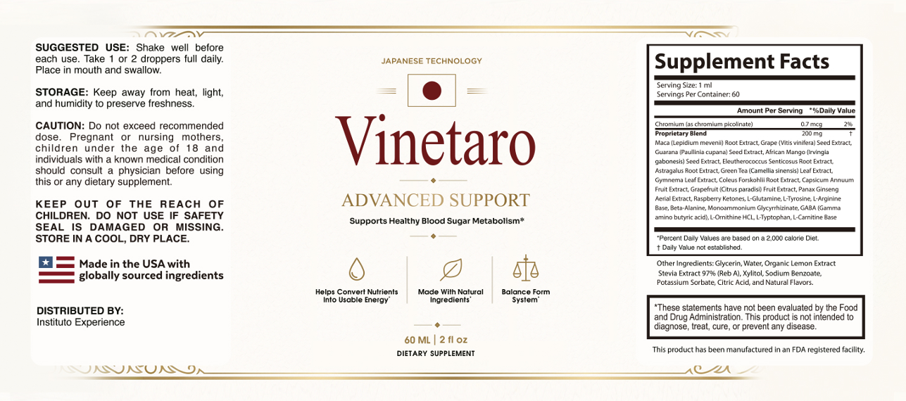 Vinetaro Supplement Facts label: Chromium, as chromium picolinate, Maca (Lepidium meyenii) Root Extract, Grape (Vitis vinifera) Seed Extract, Guarana (Paullinia cupana) Seed Extract, African Mango (Irvingia gabonensis) Seed Extract, Eleutherococcus Senticosus Root Extract, Astragalus Root Extract, Green Tea (Camellia sinensis) Leaf Extract, Gymnema Leaf Extract, Coleus Forskohlii Root Extract, Capsicum Annuum Fruit Extract, Grapefruit (Citrus paradisi) Fruit Extract, Panax Ginseng Aerial Extract, Raspberry Ketones, L-Glutamine, L-Tyrosine, L-Arginine Base, Beta-Alanine, Monoammonium Glycyrrhizinate, GABA (Gamma amino butyric acid), L-Ornithine HCL, L-Tryptophan, L-Carnitine Base (200 mg proprietary blend)