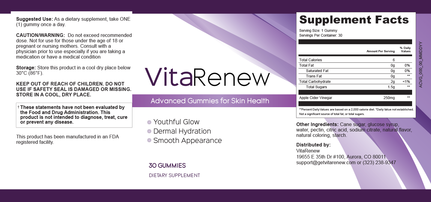VitaRenew Supplement Facts label: serving size 1 gummy, 30 servings; total calories 6, total carbohydrate 2 g, total sugars 1.5 g; Apple Cider Vinegar 250 mg
