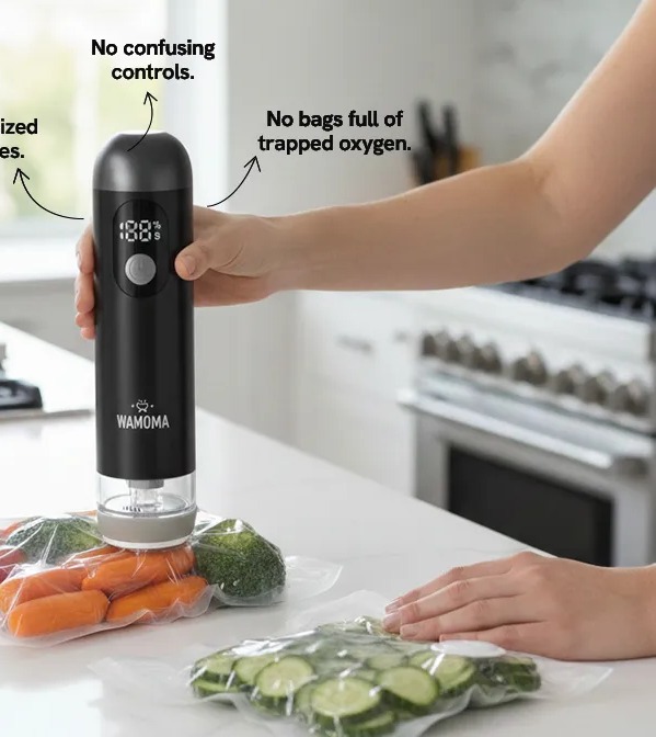 Official Wamoma image of the handheld vacuum sealer sealing vegetables in a bag